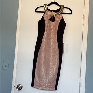 Elegant Black and Pink Dress with Gold Accents